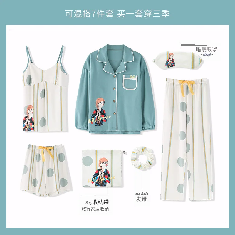 New Cardigan Pajamas Women's Seven-piece Spring and Autumn Long Sleeve Korean Sweet Thin Sling Summer Home Service Set | Женская