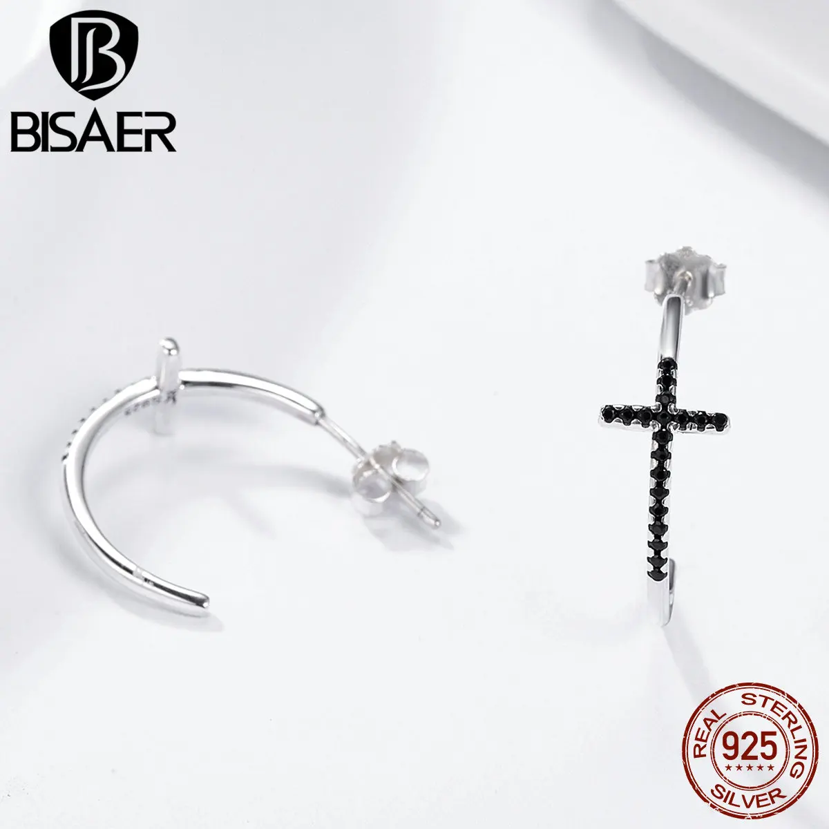 BISAER, подлинные 925 пробы, серебряные, классические, с крестом, Вера, маленькие серьги-кольца для женщин, черные циркониевые серьги с крестом, хорошее ювелирное изделие