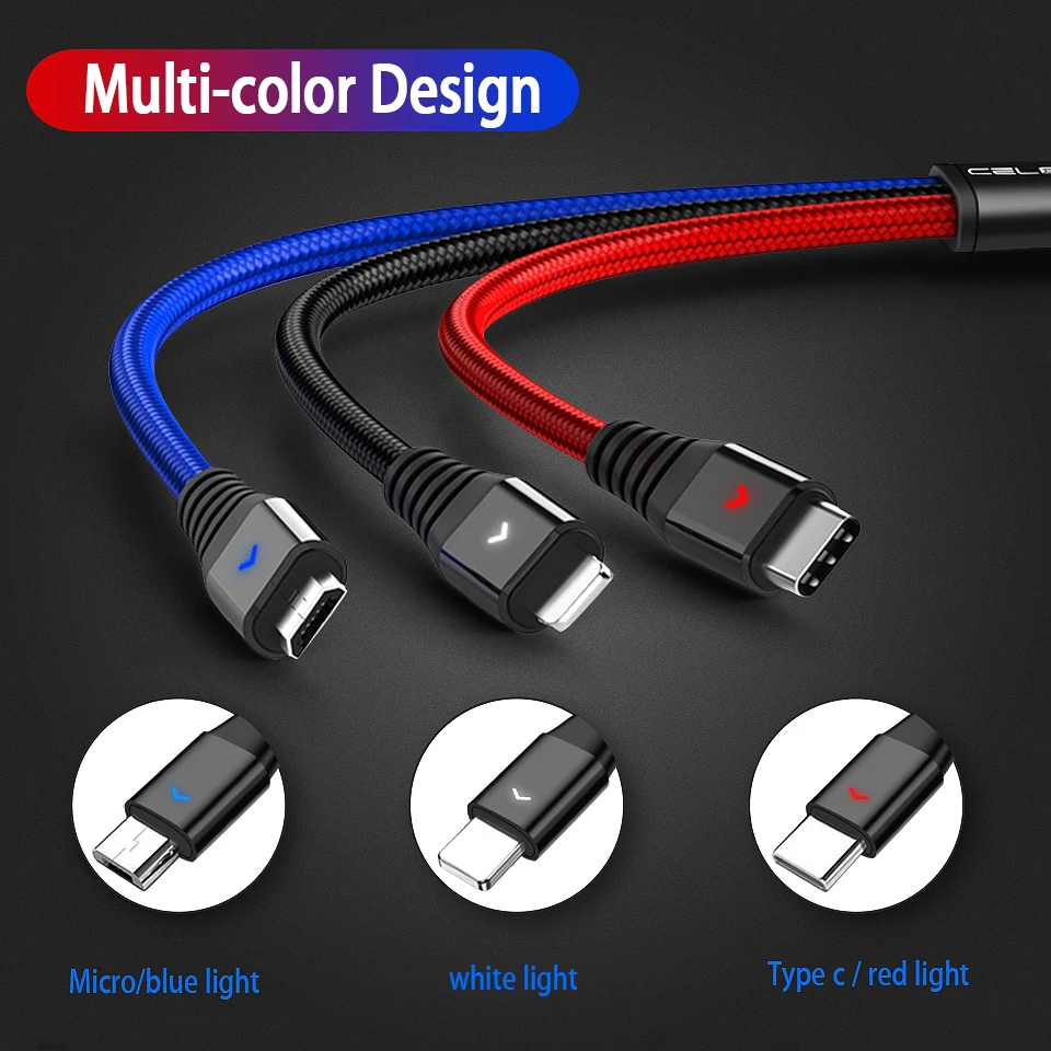 Кабель USB 3 в 1 Micro Type C кабель LED для Samsung Galaxy S20 Plus Xiaomi MI 10 Pro Huawei P40|Кабели мобильных