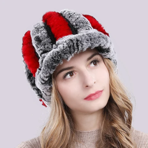 gray and red Для женщин зима Настоящий мех кролика шапки бини шапки Шапки трикотажные натуральным шапки из меха кролика Рекс, теплые женские Повседневное меховая шапка оптом и в розницу - Цвет: gray and red
