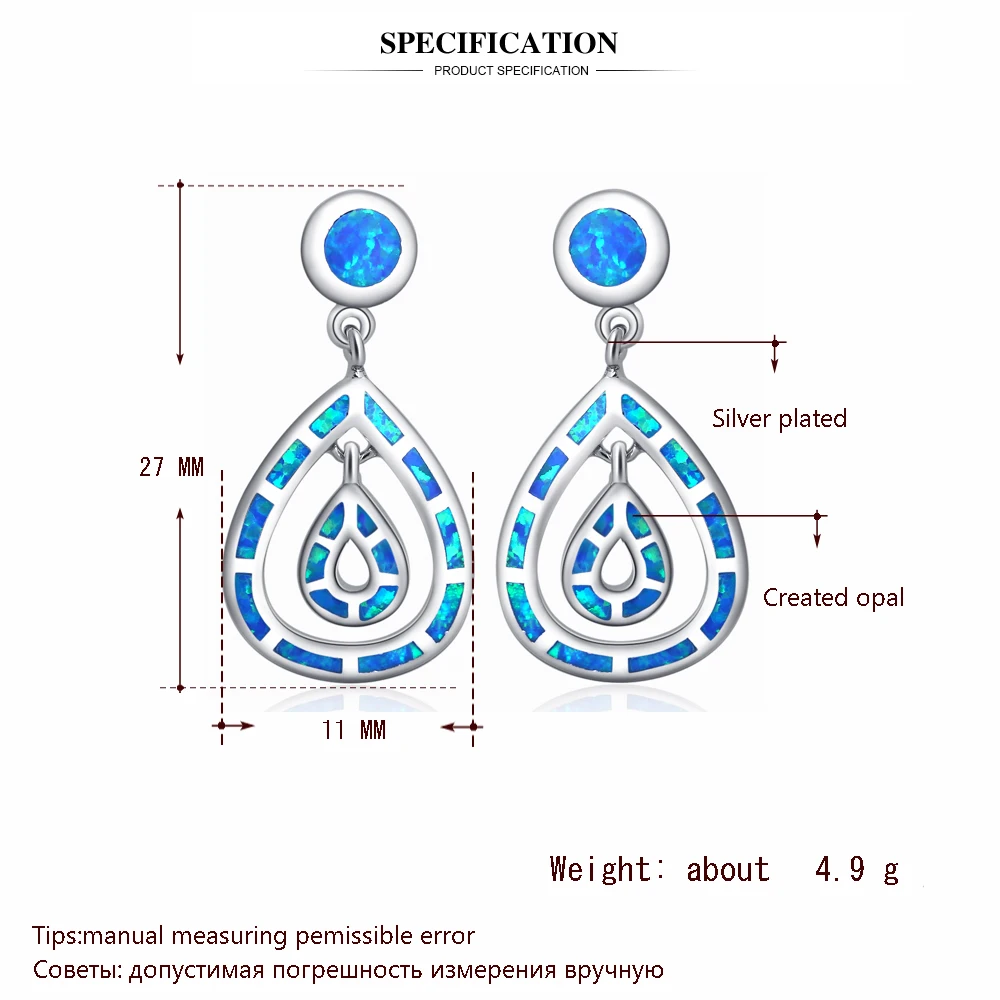 ROLILASON Trendy water drops earring silver plated stamped blue fire opal Drop Earrings fashion Jewelry OE741 | Украшения и
