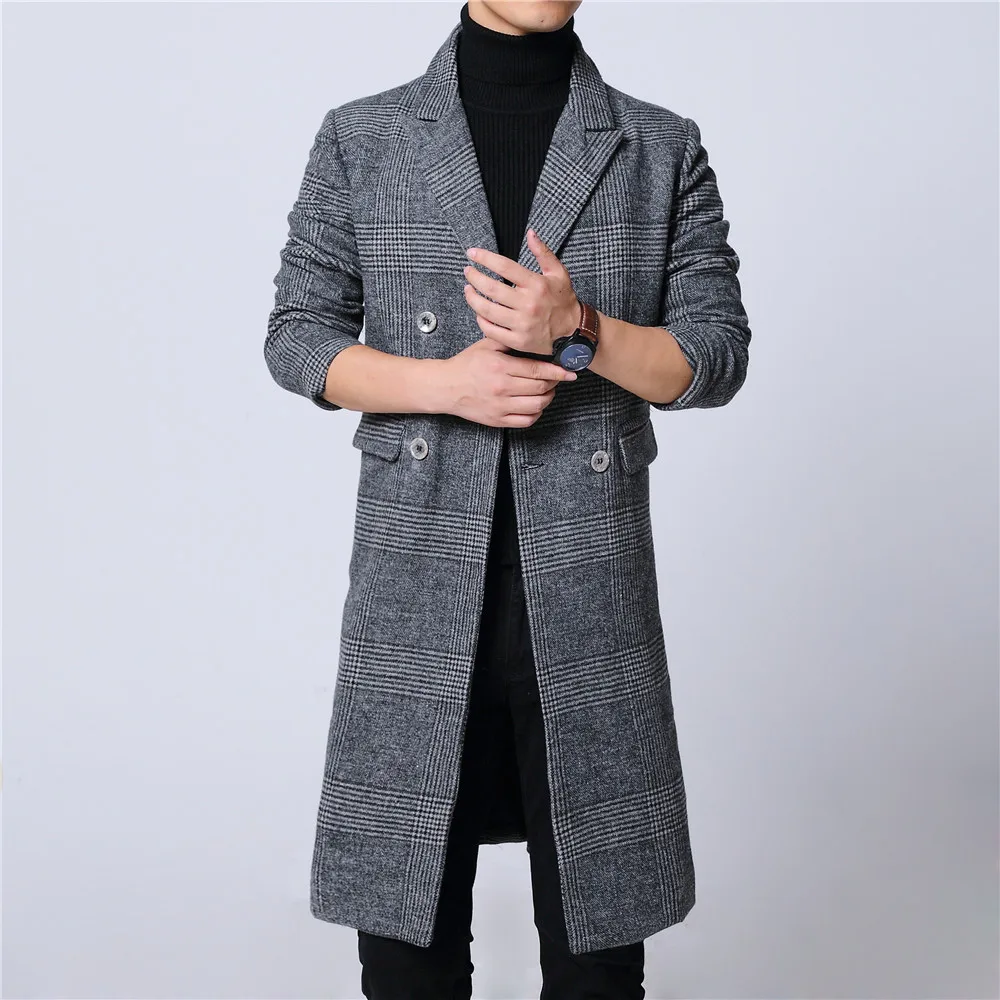 

Mens long coat winter woolen melton overcoat plaid gray double breast full lining long sleeve M-6XL 18NovW4 drop ship pick lapel