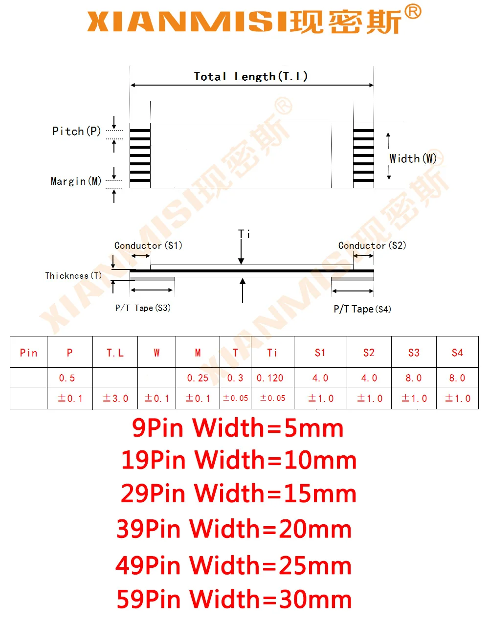 FFC/FPC Flat Flex Extension Cable 9Pin 19Pin 29Pin 39Pin 49Pin 59Pin Same Side 0.5mm Pitch AWM VW-1 20624 60V Length 30cm 5PCS |
