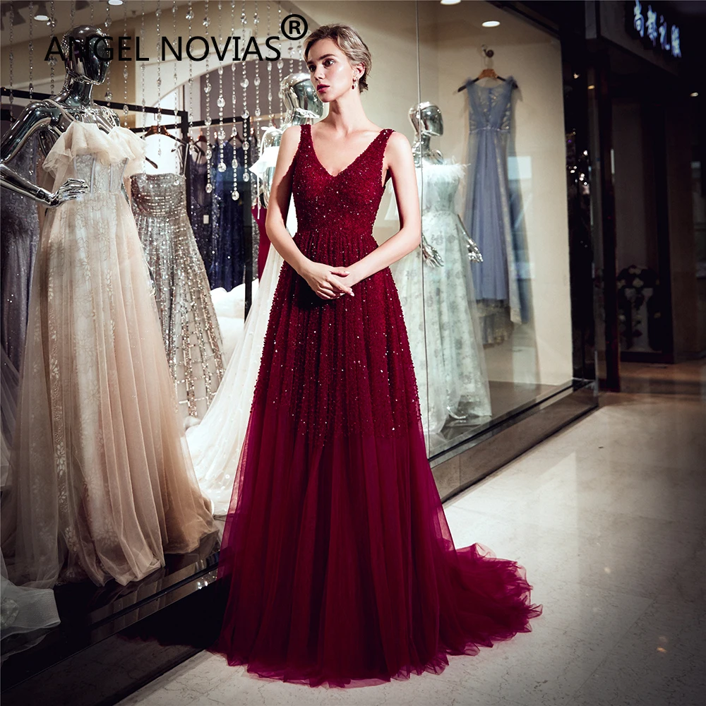 ANGEL NOVIAS Длинные Бордовые бусы с v образным вырезом Женские вечерние платья без