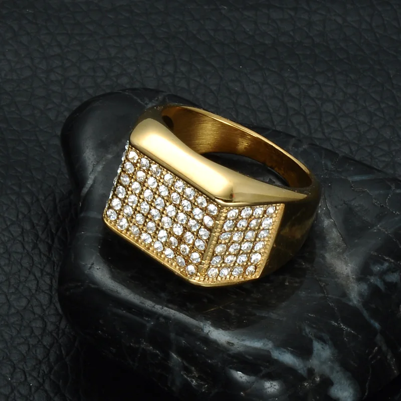Хип-хоп микро проложить Стразы Iced Out Bling геометрическое Кольцо IP позолоченные