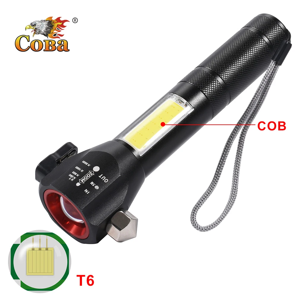 Coba T6 светодиодный фонарик cob тактический фонарь для самообороны zoom hammer knife usb