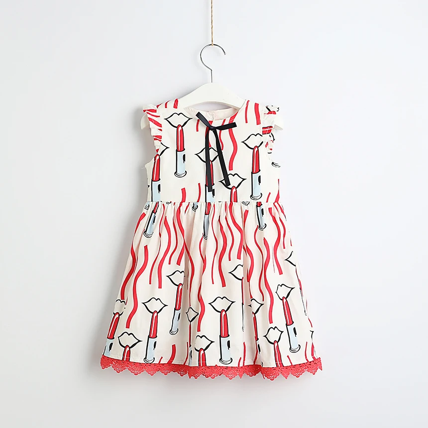 Little Girl Cotton Summer Dress Red Lips Pattern Print Wholesale Lots Bulk Clothes Fashion Lace Party Flare Sleeve | Детская одежда и