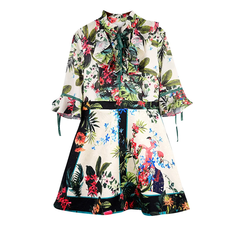 2019 весеннее Платье с принтом винтажное платье рукавом три четверти высокое