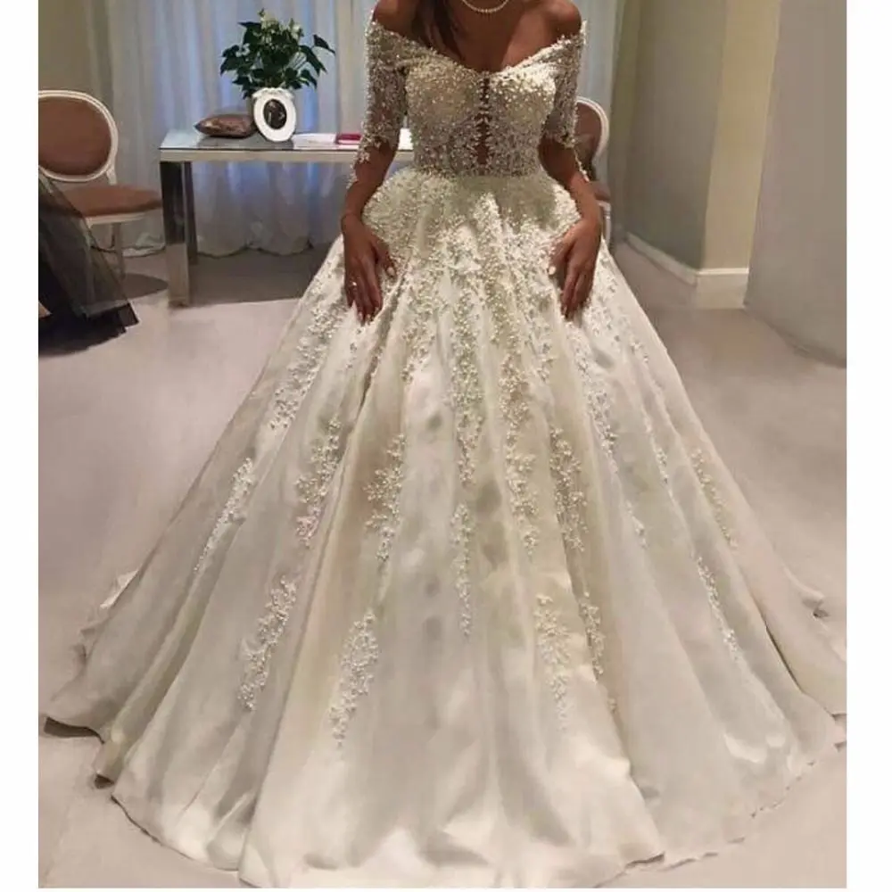 Vestido De Novia роскошное атласное свадебное платье бальное платье с длинным рукавом с v-образным вырезом сексуальное свадебное платье с аппликацией Robe De Mariage