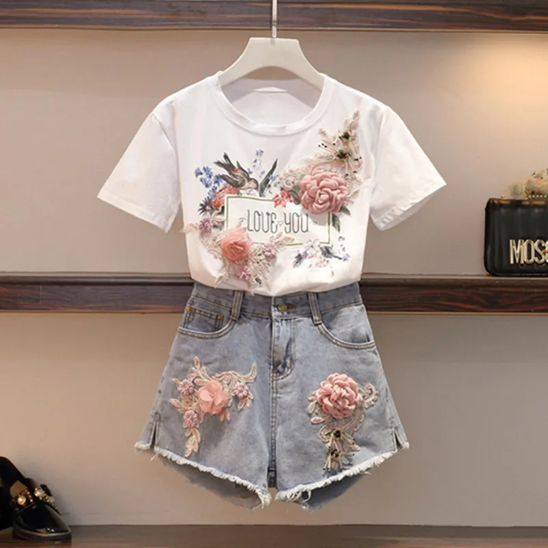 L-4XL летняя Высококачественная Женская хлопковая Футболка с объемным цветком и