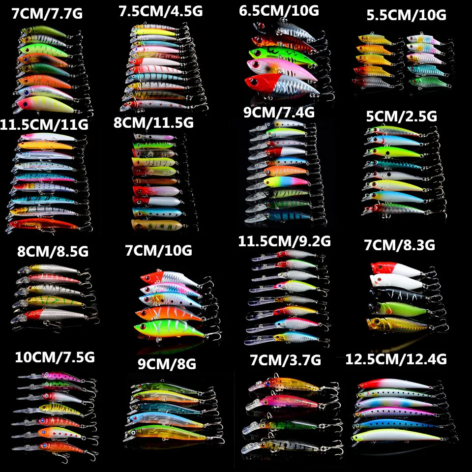 

LINGYUE 118pcs Fishing Lures Artificial Mixed Minnow/VIB/Popper 16 Models Jerkbait Wobbler Fishing Tackle Plastic Fish bait
