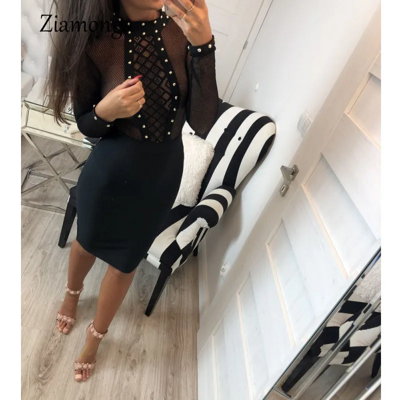 Платье для ночного клуба Ziamonga, бандажное, с прозрачными вставками из сетки, с вырезами, на длинных рукавах и высокой горловиной.