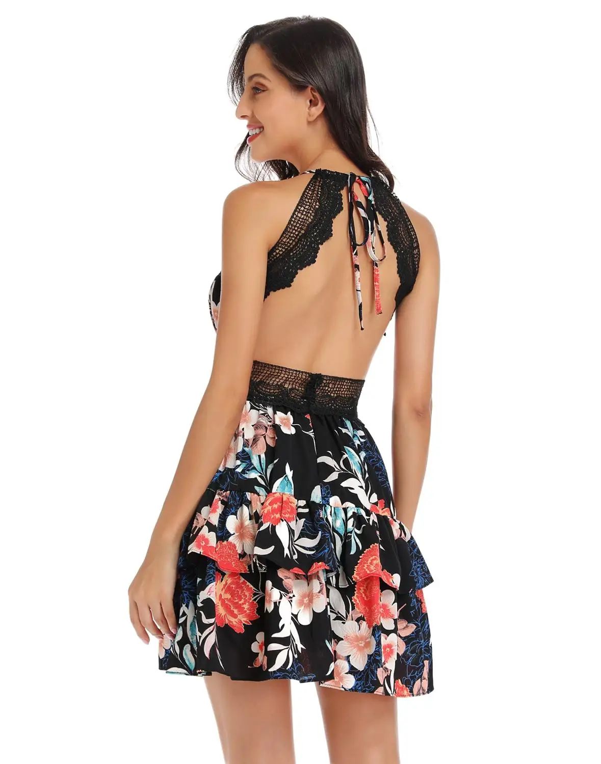 2019 Women Short Print Summer Dress Sexy V Cut Layers Halter Lace Bohemian Holiday Beach Wear eDressU HZ-1106 | Женская одежда