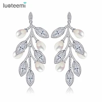 luoteemi fashion luxury statement leaf pendant earrings for women simulated pearl white gold color cz wedding bridal jewelry