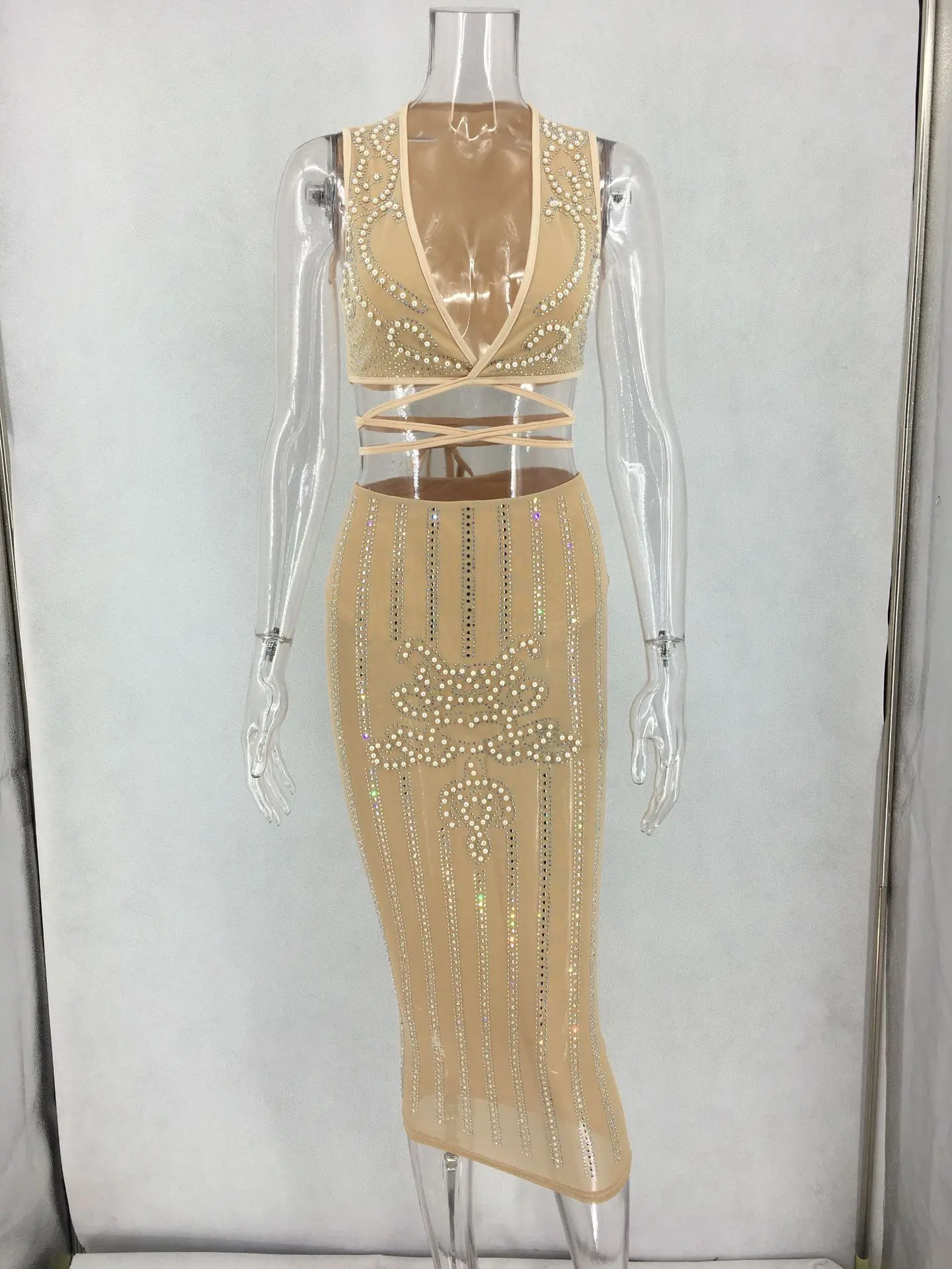 Doyerl пикантные женские жемчужные Бисер Двойка платье набор Bodycon топ с v образным