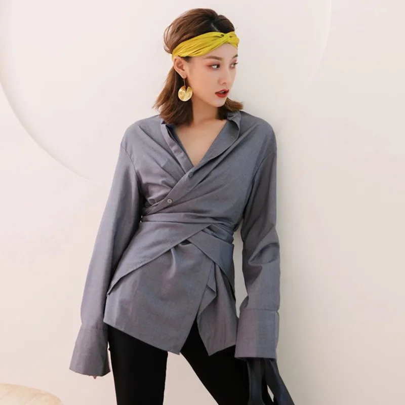 Женская ассиметричная рубашка LANMREM летняя блузка с длинным рукавом и треугольным