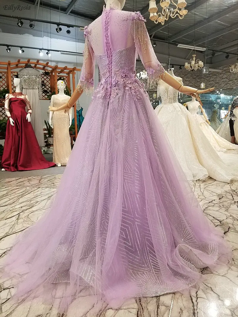 Lilac High Neck Prom Dress 2019 Sequins Beads Tassel Appliques Half Sleeve gala dress robes de bal vestidos cerimonia longos