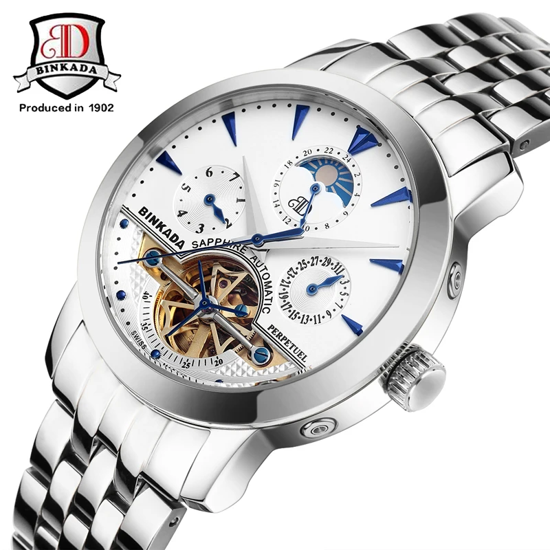 Часы BINKADA Skeleton Tourbillion Mechaniccal Relogio роскошный кожаный ремешок в деловом стиле