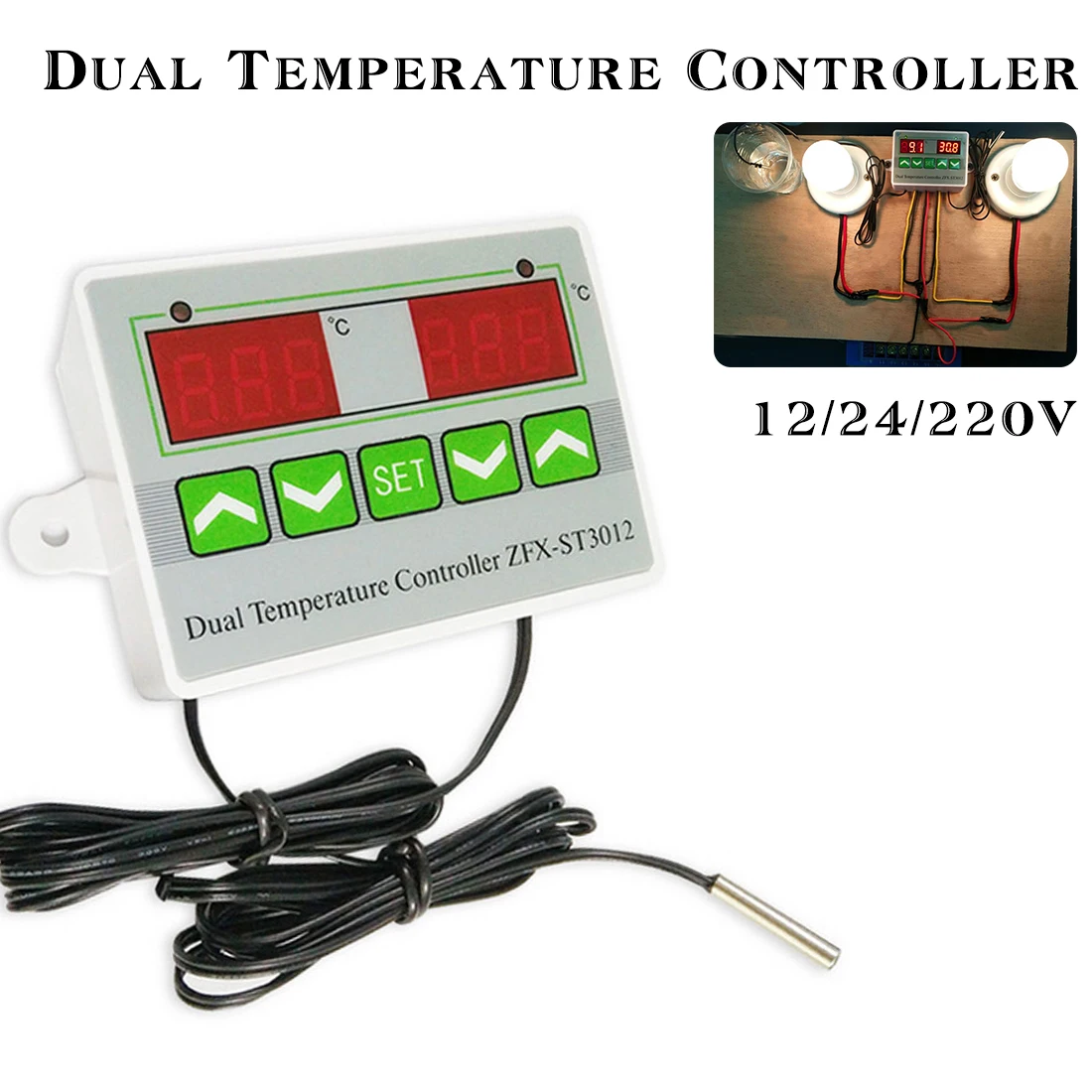 1PCS Digital LED Dual Thermometer Temperature Controller Thermostat Incubator Control Microcomputer Dual Probe AC 220V 12V 24V