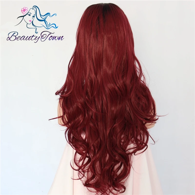 BeautyTown Ombre черный до красного вина ручная вязка термостойкие волокна волос парики тела волна стиль Glueless синтетический передний парик шнурка