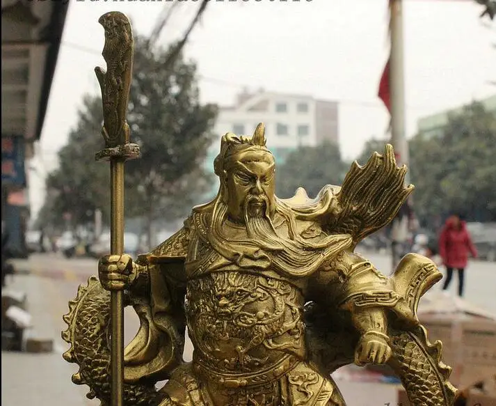 Китай латунь Дракон халат стенд воин Guan Gong Yu дверь меч с изображением Бога