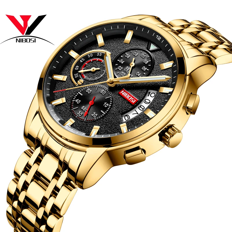

NIBOSI Mens Watches Top Brand Luxury 2019 Chronograph Men Watches Sport Wristwatch Waterproof Gold Relogio Stainless Steel