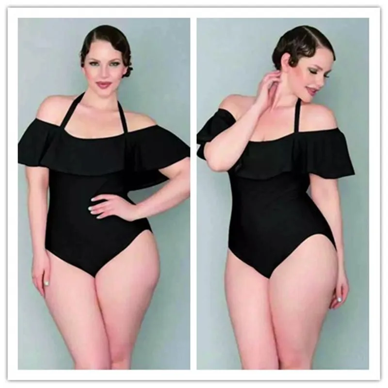 2018 Vintage Plus Size XL- 4XL Black Velvet One Piece Swimsuit For Fat Women Ruffle Off Shoulder Bathing suit Wome |