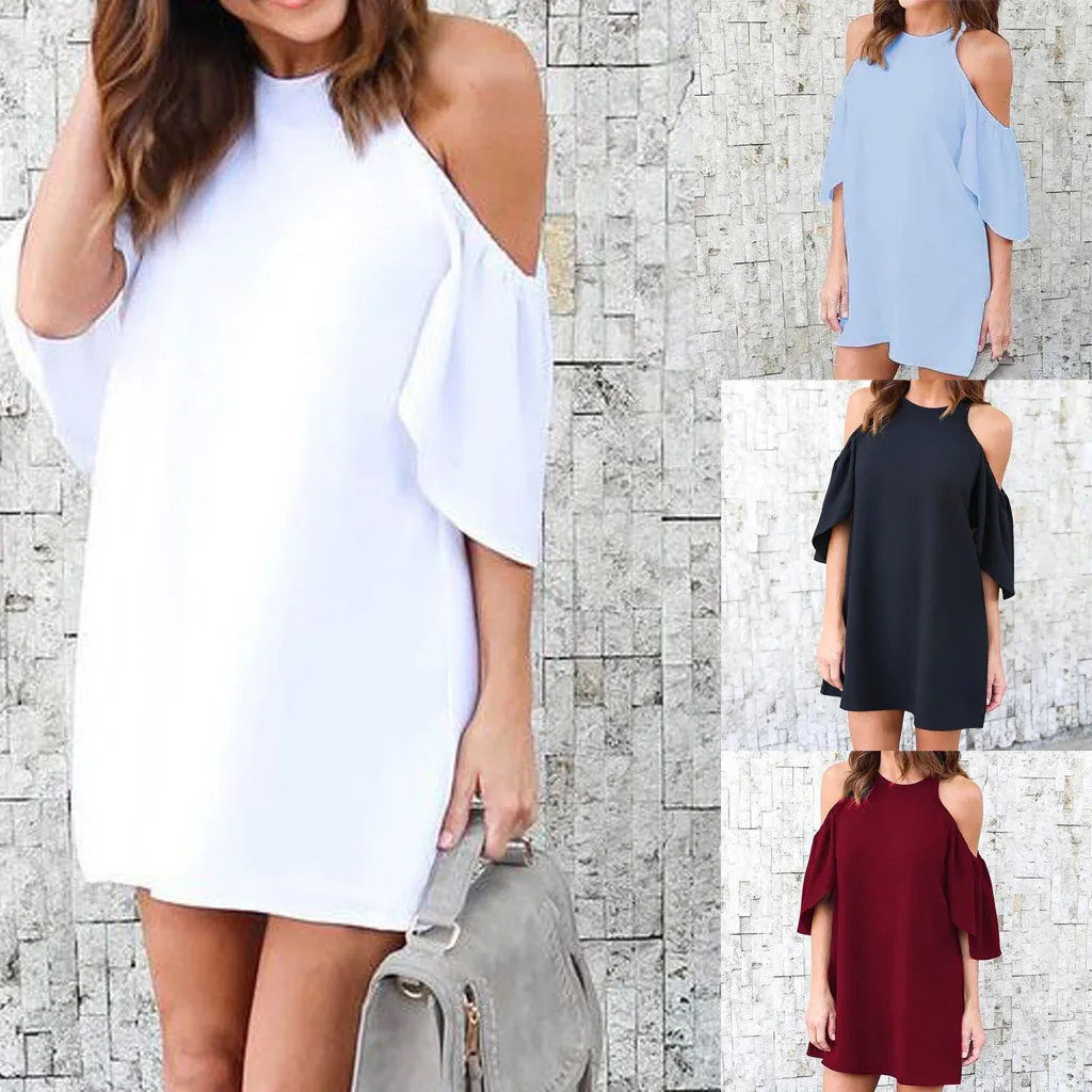 Платье с рукавами повседневное 4 цвета летнее новое женское открытыми плечами