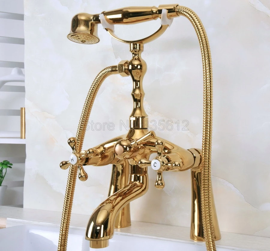 

Deck Mounted Gold Color Brass Bathroom Tub Faucet Set + Hand Shower Head Luxury Dual Handle Shower Faucets tna145