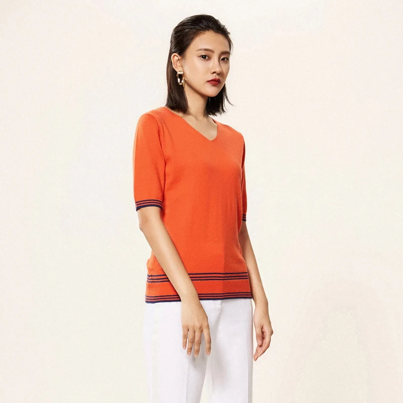 High Quality Spring Autumn Ladies V-Neck Cashmere Sweater Short Sleeve Knitted Pullover Women Stripe Thin Jumpers Smooth Soft | Женская