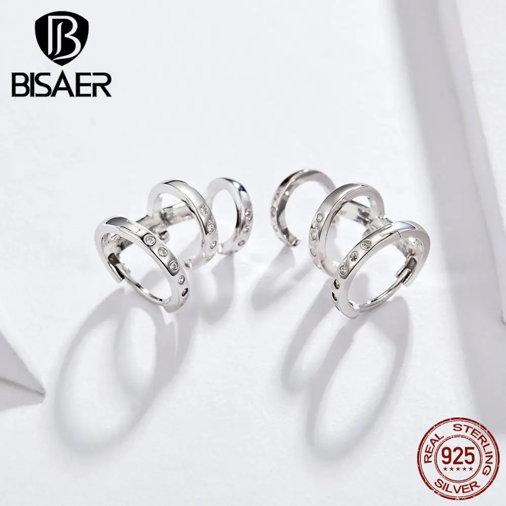 Bisaer, 925 пробы, серебряные серьги в стиле панк, три круга, серьги на клипсе для женщин, крутые, массивные ювелирные изделия, модные серьги HVE085
