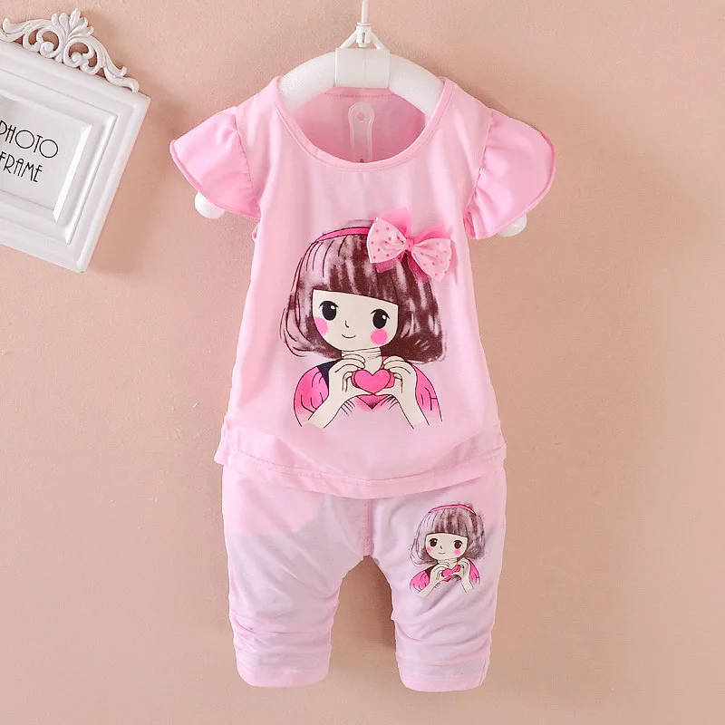 pink baby set Комплекты летней одежды для новорожденных и маленьких девочек, комплект из футболки и топов, спортивный костюм из 2 предметов, комплекты одежды для маленьких девочек на день рождения - Цвет: pink baby set