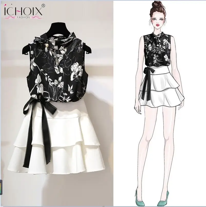 black and white ICHOIX/летний комплект из 2 предметов, Женская майка с цветочным рисунком и юбка, комплект из 2 предметов, комплекты с оборками для девочек, комплекты из 2 предметов, Пляжная Женская одежда - Цвет: black and white