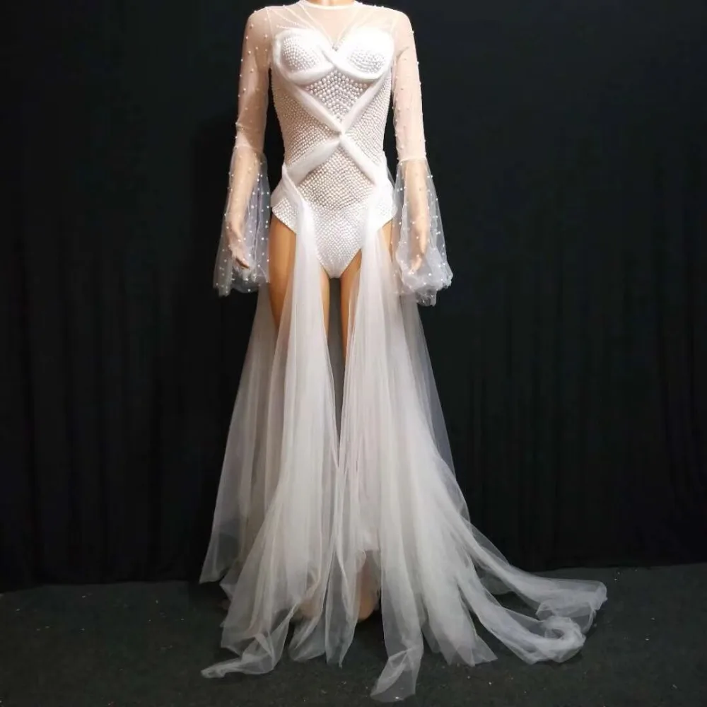 

White Color Sexy Mesh Long Dress Hand-make Beading Dance Dress Long Sleeve Sexy Club Party Dress High Quality