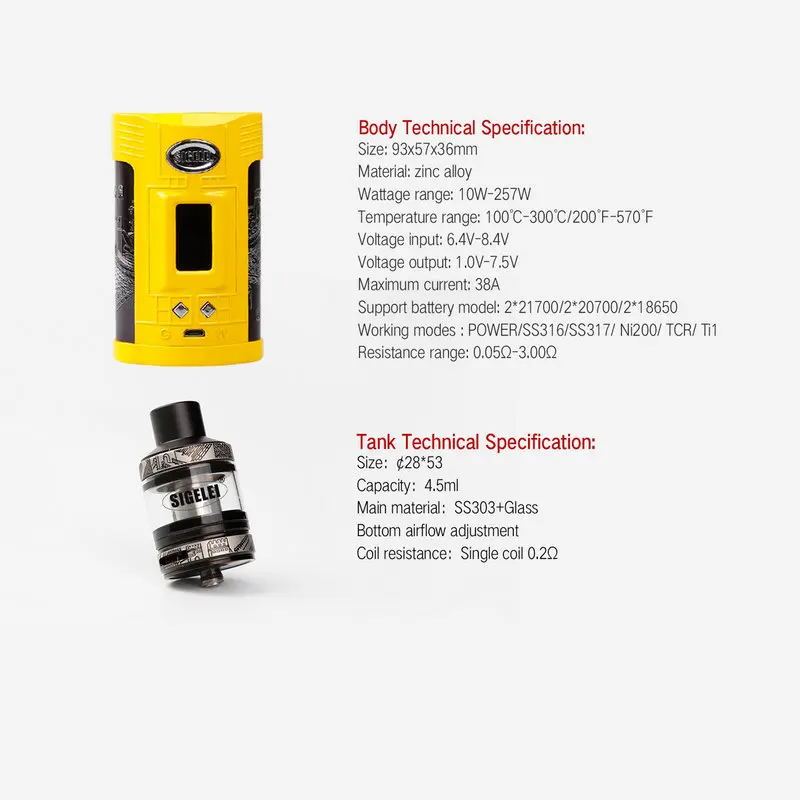 Оригинал 2020 257 Вт Sigelei GW 20700 TC с модом и баком F 4 5 мл 1 0 дюймовым TFT цветным экраном