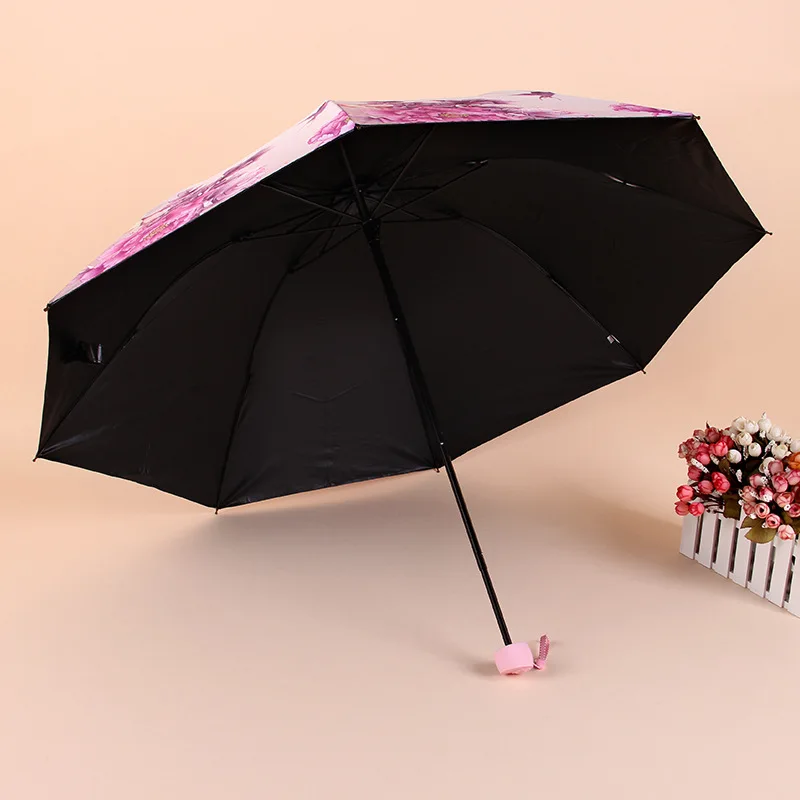 Трехскладной зонт для женщин с цветущим цветком черное покрытие анти УФ