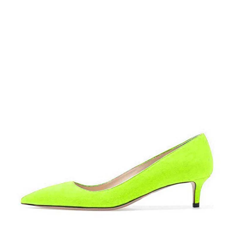 

Lime Green Kitten Heels Pointy Toe Suede Pumps Spring Autumn Shallow Attractive Incomparable Generous FSJ Elegant Fashion Sexy
