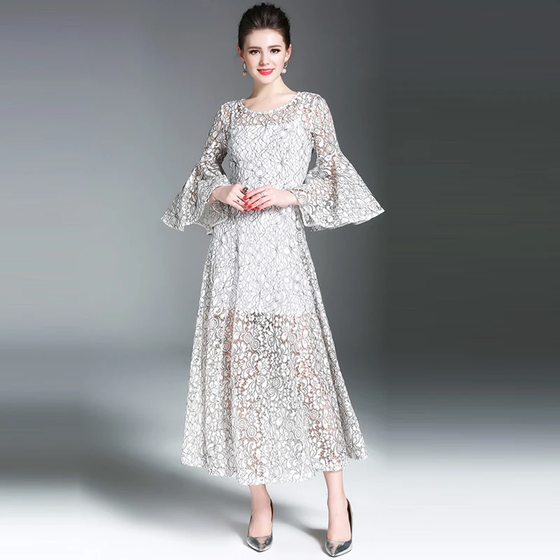 Кружево платье Новая Европа Лето 2017 г. Для женщин Flare рукавом выдалбливают