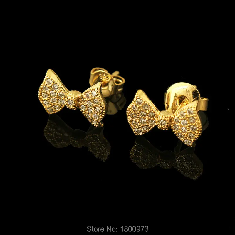 Adixyn золотые серьги с бантом для женщин и девушек. Серьги-гвоздики кристаллами