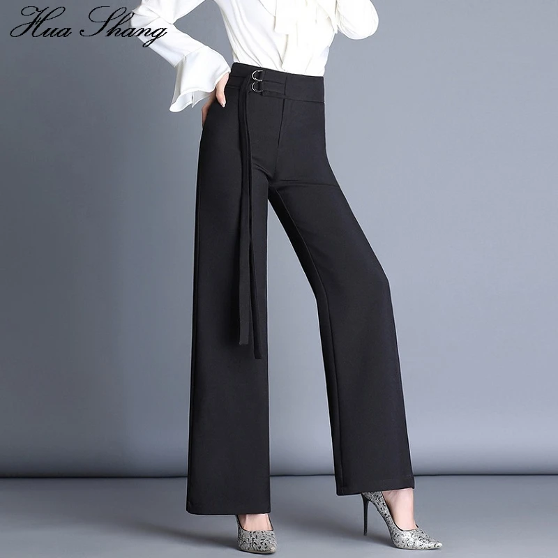 Hua Shang Elegant Women Autumn High Waist Wide Leg Pants With Belt Female Bell Bottom Lady Work Office Trousers Plus Size | Женская