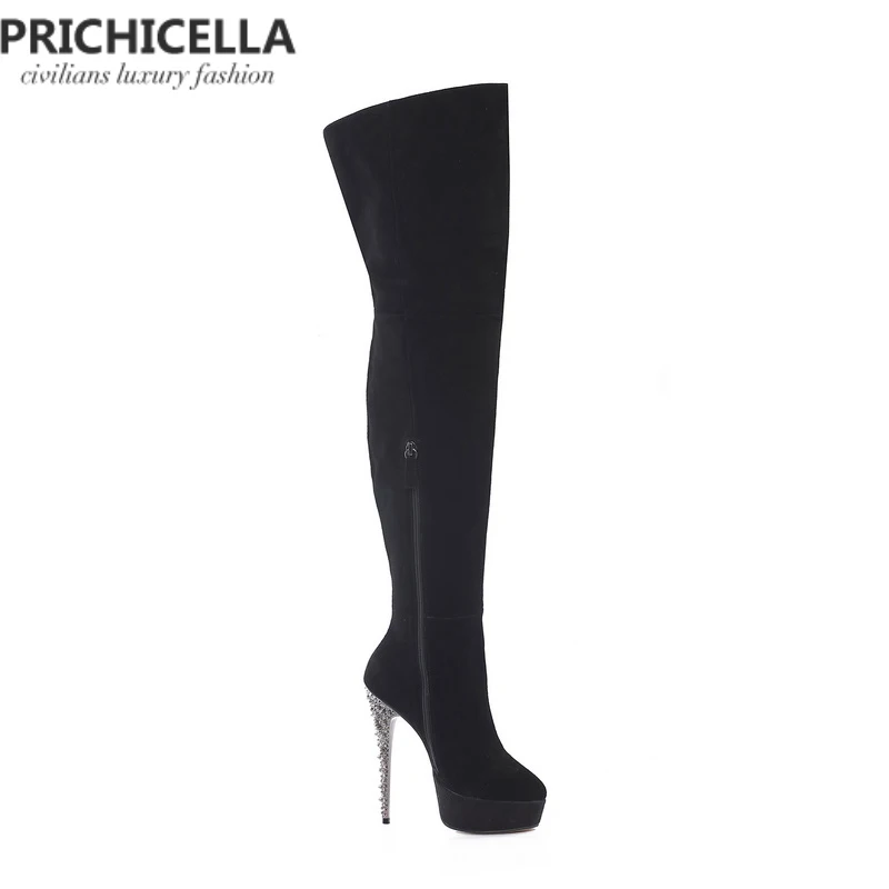 Черные замшевые сапоги на шпильках PRICHICELLA высокие из натуральной кожи платформе