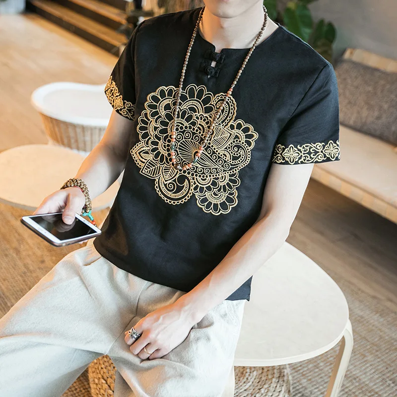 Ethic Chinese Unique Short Sleeve Embroidery Men T-Shirts | Мужская одежда