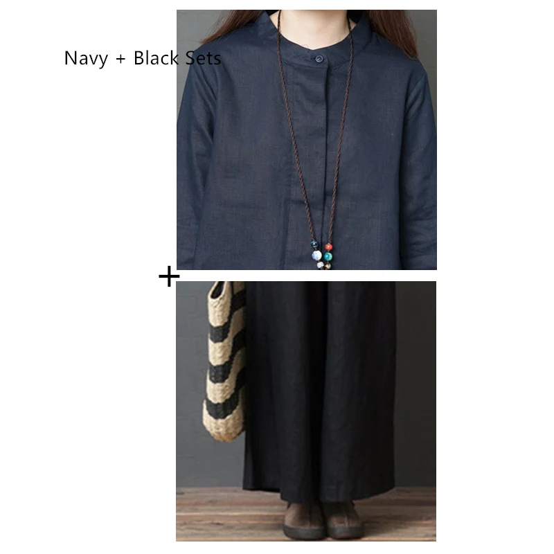 Navy X Black Женские комплекты больших размеров, комплект из двух предметов, рубашка миди, топы+ свободные повседневные Широкие штаны, женские хлопковые льняные костюмы с длинным рукавом - Цвет: Navy X Black