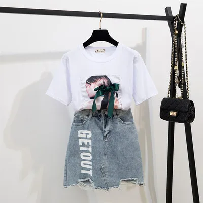 Women Bow Appliques Tshirt +Letter Denim Shorts 2PCS Sets Short Sleeve Cotton Tops + Jeans Mini Clothing Suits | Женская одежда