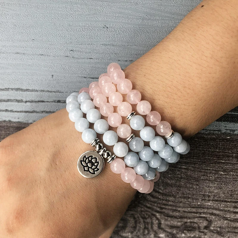 Новый дизайн 108 молитвенные бусины кварцевый цвет и ожерелье 8 мм A quamarine & Rose