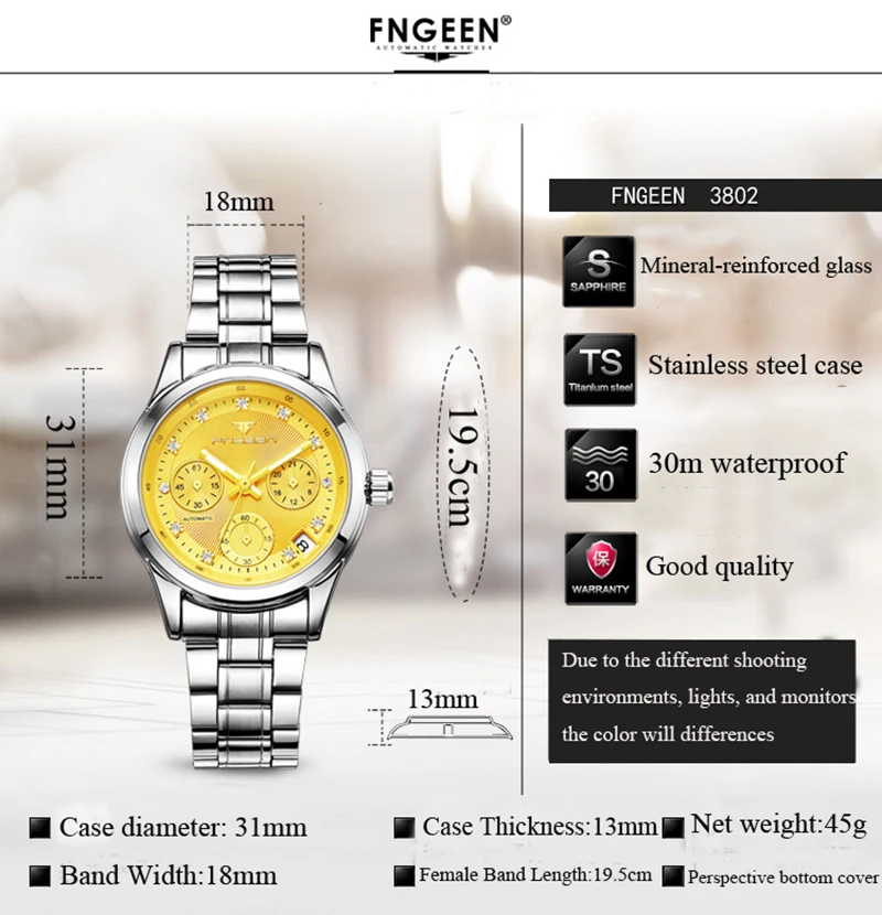 FNGEEN Montre Femme модные женские часы полностью автоматический механизм наручные часы со скелетом водонепроницаемые розовые часы с календарем