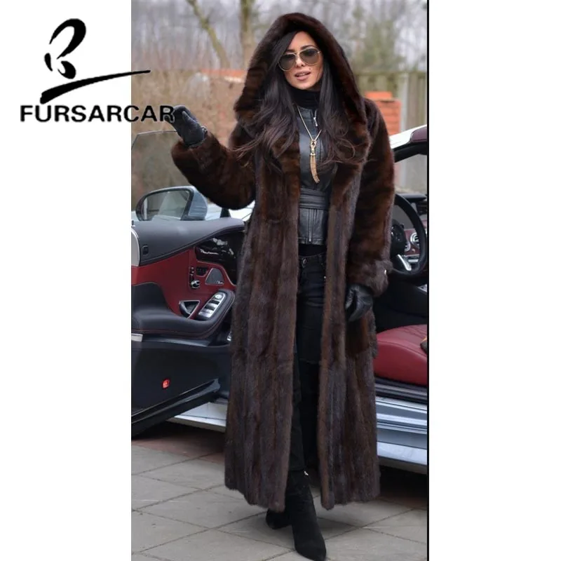 FURSARCAR 2021 New Luxury Real Mink Fur Coats 120 CM Long Jacket With Big Fur Hood For Women Whole Skin Female Mink Fur Coat