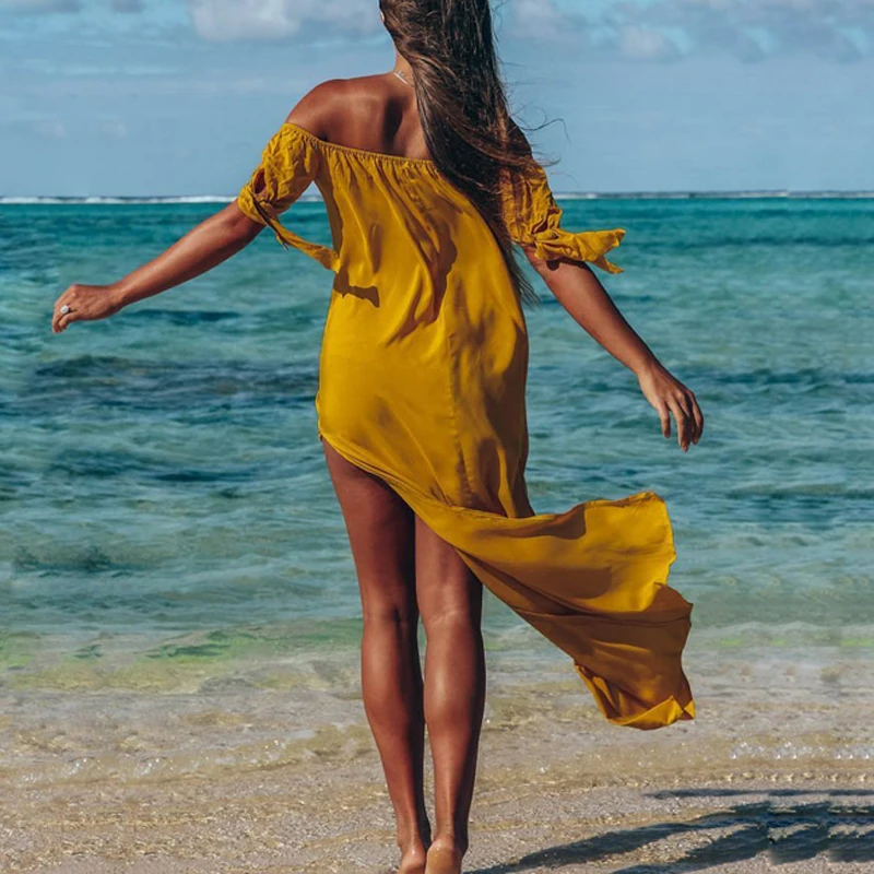 Летнее сексуальное богемное пляжное платье с открытыми плечами женское длинное