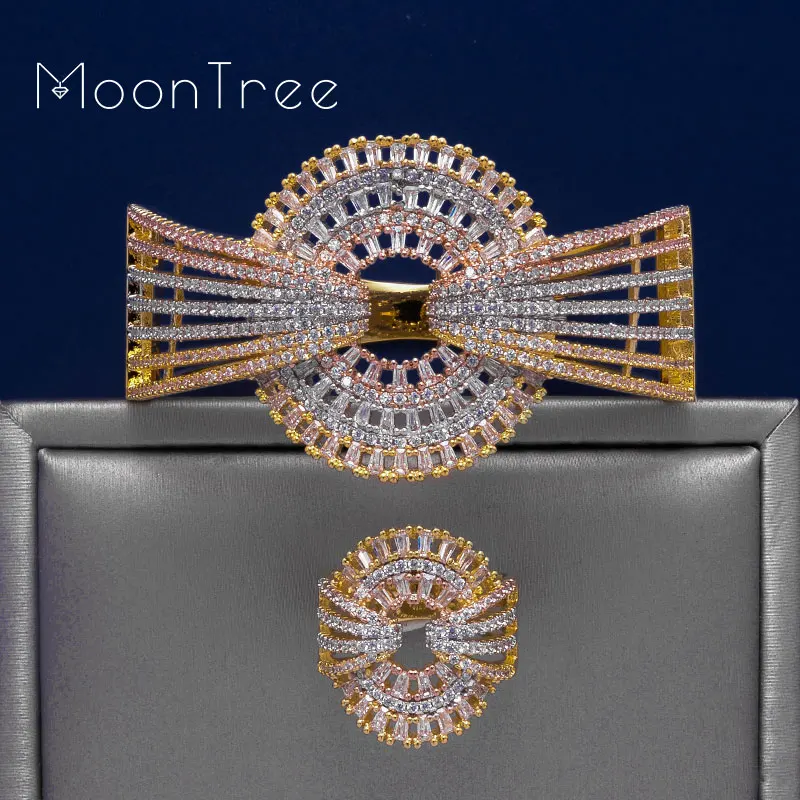 MoonTree роскошный свадебный браслет набор колец три тона Полный украшения с