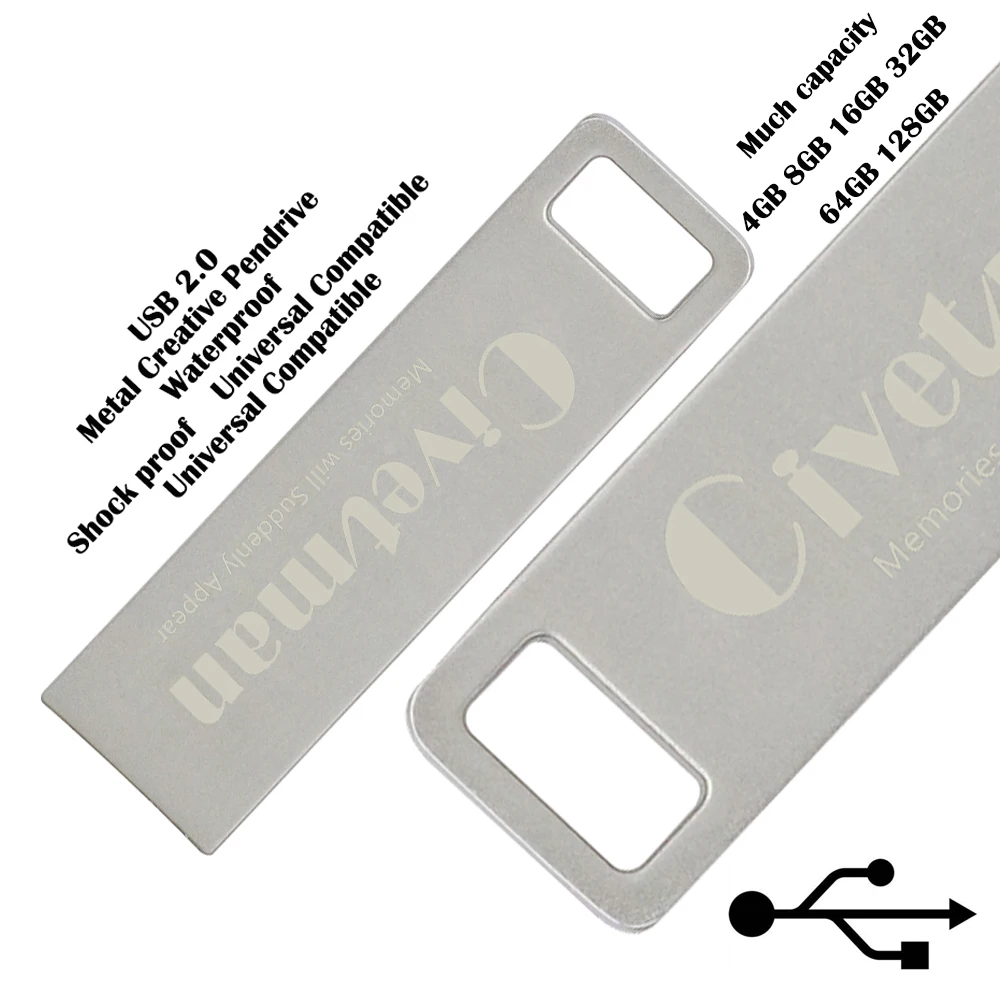 Водонепроницаемый USB флеш накопитель Civetman металлический серебристый флэш